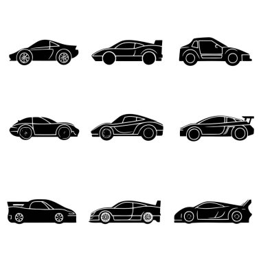Parlak spor araba siluetleri koleksiyonu, aerodinamik tasarımlarla çeşitli modeller sergiliyor..