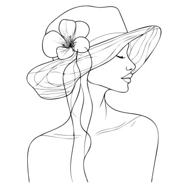 Çiçek aksanlı şapkalı bir kadın çizgisi sanatı.