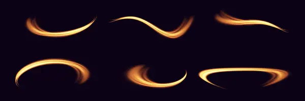 Parlak altın dalgalar ve kıvrımlar, ışık çizgisi etkisi. Işık çizgilerinin dinamik hareketi. Vektör illüstrasyonu.