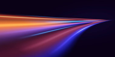 Işık ve şeritler hızlı hareket eder. Hız çizgileri ışık etkisi. Vektör illüstrasyonu.