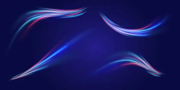 Işık ve şeritler hızlı hareket eder. Hız çizgileri ışık etkisi. Vektör illüstrasyonu.