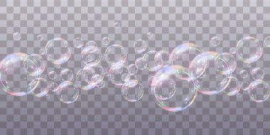 Şeffaf arka planda gökkuşağı sabun köpükleri. Gerçekçi renkli taşaklar. Vektör illüstrasyonu. EPS 10.