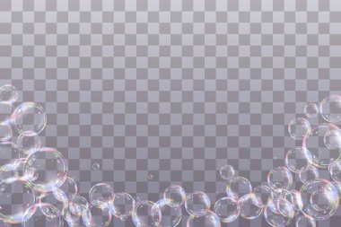 Şeffaf arka planda gökkuşağı sabun köpükleri. Gerçekçi renkli taşaklar. Vektör illüstrasyonu. EPS 10.