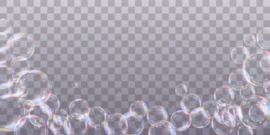 Şeffaf arka planda gökkuşağı sabun köpükleri. Gerçekçi renkli taşaklar. Vektör illüstrasyonu. EPS 10.