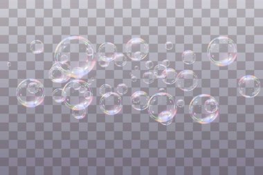 Şeffaf arka planda gökkuşağı sabun köpükleri. Gerçekçi renkli taşaklar. Vektör illüstrasyonu. EPS 10.