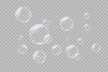 Şeffaf arka planda gökkuşağı sabun köpükleri. Gerçekçi renkli taşaklar. Vektör illüstrasyonu. EPS 10.