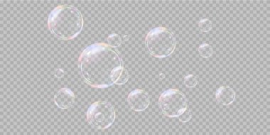 Şeffaf arka planda gökkuşağı sabun köpükleri. Gerçekçi renkli taşaklar. Vektör illüstrasyonu. EPS 10.