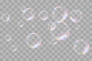 Şeffaf arka planda gökkuşağı sabun köpükleri. Gerçekçi renkli taşaklar. Vektör illüstrasyonu. EPS 10.