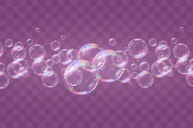 Şeffaf arka planda gökkuşağı sabun köpükleri. Gerçekçi renkli taşaklar. Vektör illüstrasyonu. EPS 10.