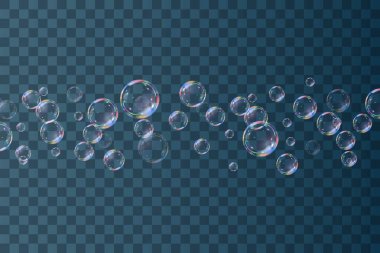 Şeffaf arka planda gökkuşağı sabun köpükleri. Gerçekçi renkli taşaklar. Vektör illüstrasyonu. EPS 10.