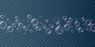 Şeffaf arka planda gökkuşağı sabun köpükleri. Gerçekçi renkli taşaklar. Vektör illüstrasyonu. EPS 10.