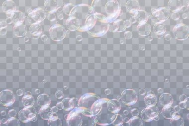 Şeffaf arka planda gökkuşağı sabun köpükleri. Gerçekçi renkli taşaklar. Vektör illüstrasyonu. EPS 10.