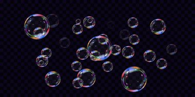 Şeffaf arka planda gökkuşağı sabun köpükleri. Gerçekçi renkli taşaklar. Vektör illüstrasyonu. EPS 10.