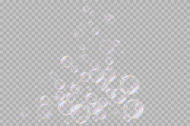 Şeffaf arka planda gökkuşağı sabun köpükleri. Gerçekçi renkli taşaklar. Vektör illüstrasyonu. EPS 10.