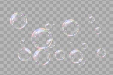 Şeffaf arka planda gökkuşağı sabun köpükleri. Gerçekçi renkli taşaklar. Vektör illüstrasyonu. EPS 10.