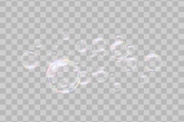 Şeffaf arka planda gökkuşağı sabun köpükleri. Gerçekçi renkli taşaklar. Vektör illüstrasyonu. EPS 10.