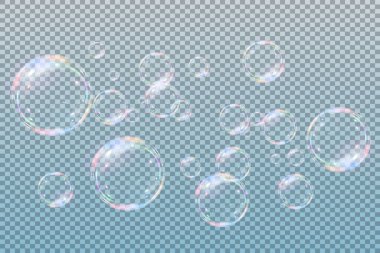 Şeffaf arka planda gökkuşağı sabun köpükleri. Gerçekçi renkli taşaklar. Vektör illüstrasyonu. EPS 10.