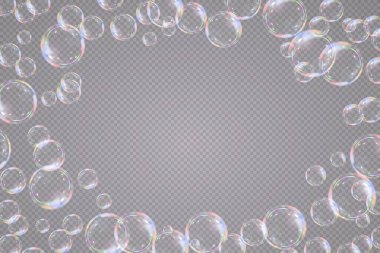 Şeffaf arka planda gökkuşağı sabun köpükleri. Gerçekçi renkli taşaklar. Vektör illüstrasyonu. EPS 10.