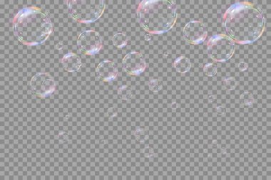 Şeffaf arka planda gökkuşağı sabun köpükleri. Gerçekçi renkli taşaklar. Vektör illüstrasyonu. EPS 10.