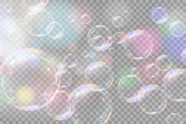 Şeffaf arka planda gökkuşağı sabun köpükleri. Gerçekçi renkli taşaklar. Vektör illüstrasyonu. EPS 10.