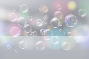 Şeffaf arka planda gökkuşağı sabun köpükleri. Gerçekçi renkli taşaklar. Vektör illüstrasyonu. EPS 10.