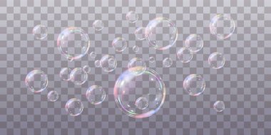 Şeffaf arka planda gökkuşağı sabun köpükleri. Gerçekçi renkli taşaklar. Vektör illüstrasyonu. EPS 10.