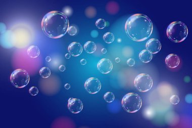 Şeffaf arka planda gökkuşağı sabun köpükleri. Gerçekçi renkli taşaklar. Vektör illüstrasyonu. EPS 10.