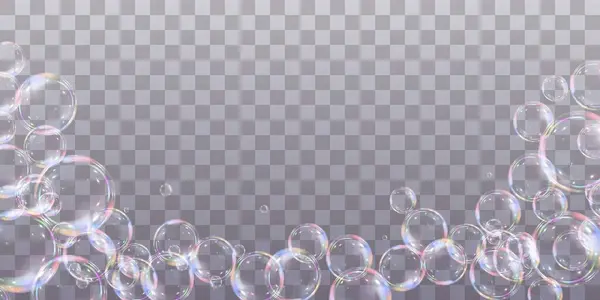Şeffaf arka planda gökkuşağı sabun köpükleri. Gerçekçi renkli taşaklar. Vektör illüstrasyonu. EPS 10.
