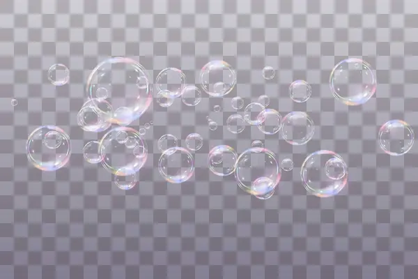 Şeffaf arka planda gökkuşağı sabun köpükleri. Gerçekçi renkli taşaklar. Vektör illüstrasyonu. EPS 10.