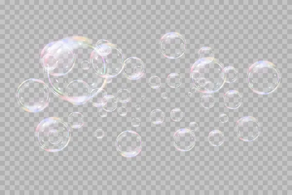 Şeffaf arka planda gökkuşağı sabun köpükleri. Gerçekçi renkli taşaklar. Vektör illüstrasyonu. EPS 10.