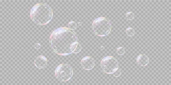 Şeffaf arka planda gökkuşağı sabun köpükleri. Gerçekçi renkli taşaklar. Vektör illüstrasyonu. EPS 10.