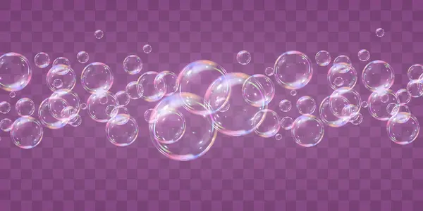 Şeffaf arka planda gökkuşağı sabun köpükleri. Gerçekçi renkli taşaklar. Vektör illüstrasyonu. EPS 10.