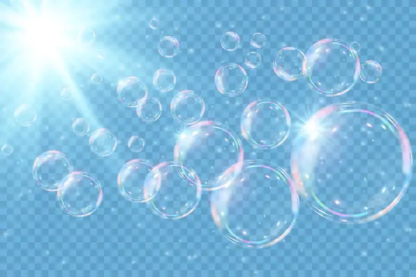 Şeffaf arka planda gökkuşağı sabun köpükleri. Gerçekçi renkli taşaklar. Vektör illüstrasyonu. EPS 10.