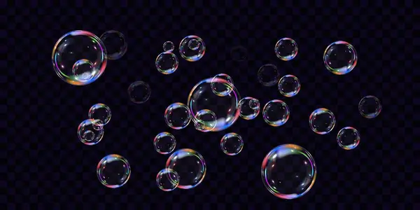 Şeffaf arka planda gökkuşağı sabun köpükleri. Gerçekçi renkli taşaklar. Vektör illüstrasyonu. EPS 10.