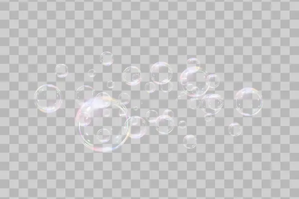 Şeffaf arka planda gökkuşağı sabun köpükleri. Gerçekçi renkli taşaklar. Vektör illüstrasyonu. EPS 10.