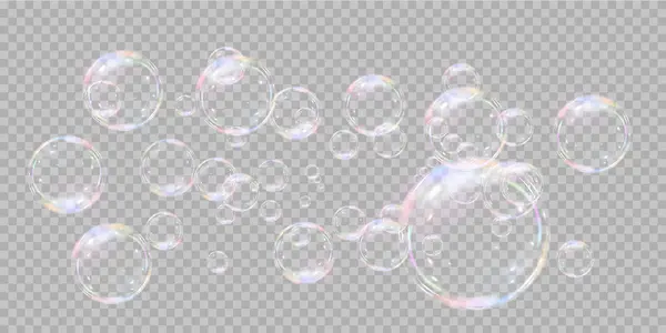 Şeffaf arka planda gökkuşağı sabun köpükleri. Gerçekçi renkli taşaklar. Vektör illüstrasyonu. EPS 10.