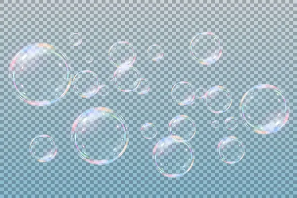 Şeffaf arka planda gökkuşağı sabun köpükleri. Gerçekçi renkli taşaklar. Vektör illüstrasyonu. EPS 10.