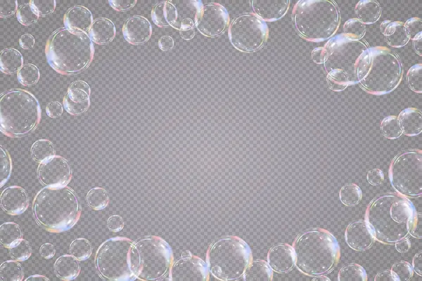 Şeffaf arka planda gökkuşağı sabun köpükleri. Gerçekçi renkli taşaklar. Vektör illüstrasyonu. EPS 10.