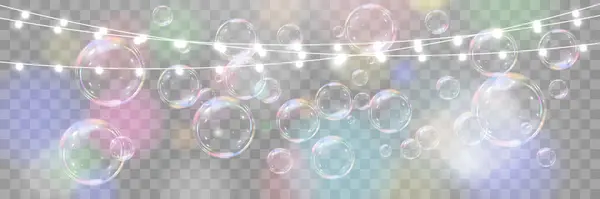 Şeffaf arka planda gökkuşağı sabun köpükleri. Gerçekçi renkli taşaklar. Vektör illüstrasyonu. EPS 10.