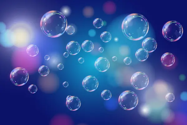 Şeffaf arka planda gökkuşağı sabun köpükleri. Gerçekçi renkli taşaklar. Vektör illüstrasyonu. EPS 10.