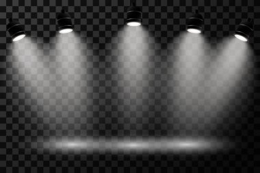 Şeffaf arka planda gerçekçi sahne ışıkları. Vektör illüstrasyonu EPS 10.