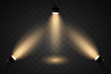 Şeffaf arka planda gerçekçi sahne ışıkları. Vektör illüstrasyonu EPS 10.