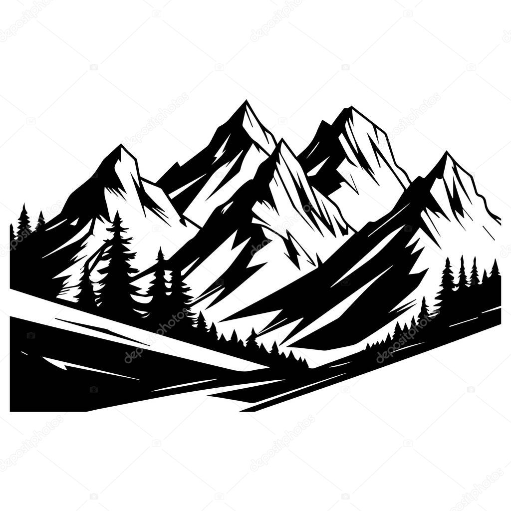 Majestic black and white mountain range illustration