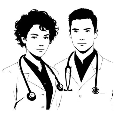 Steteskoplu laboratuvar önlüklü erkek ve kadın doktorlar.