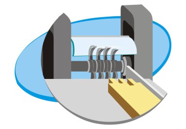 Sarı ahşap parçalı gri ve yeşil tahta şekillendirici makinesinin parlak bir çizimi.