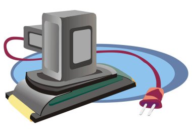Soyut bir vektör illüstrasyonu, marangozluk için karikatür tarzında çalışan bir Electric Belt Sander 'ı gösterir