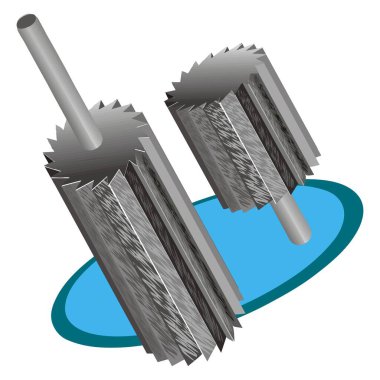 Soyut bir vektör illüstrasyonu, marangozluk için çizgi film tarzında çalışan bir End Mill Kesme Aracını gösterir