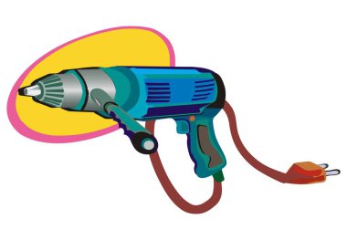 Marangozluk için kırmızı elektrik kablosu olan mavi ve yeşil elektrikli matkabın vektör çizimi karikatür tarzında çalışır