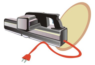 Soyut bir vektör illüstrasyonunda, marangozluk için karikatür tarzı çalışan bir Elektrikli Bıçak Planlayıcısı gösterilir