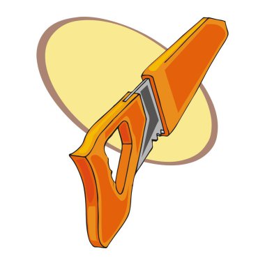 Soyut bir vektör illüstrasyonu, çizgi film tarzında Isometric el testeresi ile saplı ikon vektör illüstrasyonunu gösterir